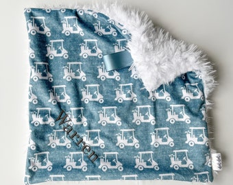 LOVEY - Little Golf Carts - Baby boy lovey security minky blanket blue black white gray modern golfing Tiger Woods personalized
