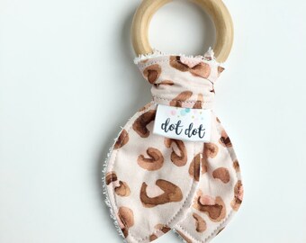 Wild Child - Baby Girl Teething Ring Toy - Cotton Terry Cloth Washable Maple Wood Wooden Teether rust pink tan white leopard cheetah boho