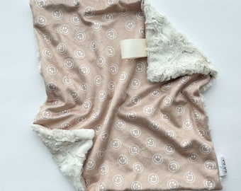 LOVEY - Smiley Faces Tan - Baby Boy Girl Unisex Gender Neutral - minky security blanket - happy vibes brown hippy personalized