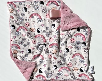 LOVEY - Girl Power - Baby security minky blanket white blush mustard pink tan Daisy 90s retro ying Yang modern personalized daisies smiley