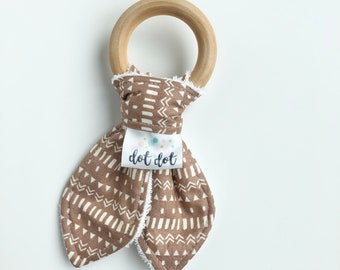 Morgan - Baby Boy Unisex Teething Ring Toy - Cotton Terry Cloth Washable Maple Wood Wooden rust mustard aztec boho tribal modern