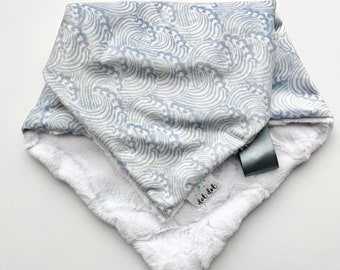2 LEFT - Blue Waves Baby boy girl unisex neutral security minky blanket blue white modern ocean surf surfing beach water personalized