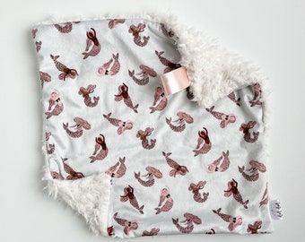 LOVEY - Mermaids - Baby girl security double minky blanket tan floral flowers personalized embroidered boho modern