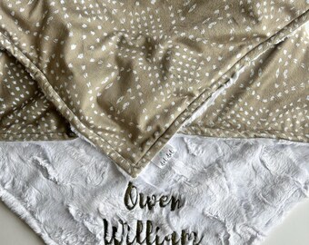 LOVEY - Boho Dots - Baby boy nursery neutral security minky blanket brown olive green tan modern minimalist embroidered personalized