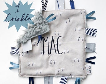 Seagulls - Baby Boy Toy + tag lovey sensory security blanket white gray blue minky - modern nautical sea ocean beach personalized