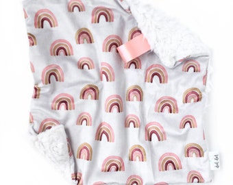 LOVEY - Linen Rainbows - Baby girl security minky blanket ivory blush mustard pink gold modern boho personalized muted rainbow