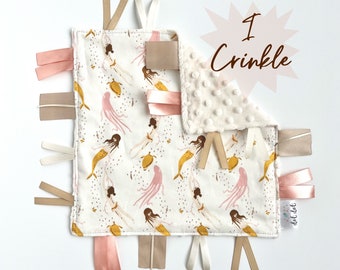Mermaid Magic - Baby girl lovey tag sensory security blanket toy blush tan rust nude mustard yellow ivory minky monogrammed personalized