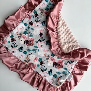 LOVEY with Satin Ruffle - Charlotte - Baby girl security minky blanket white blush pink gold maroon gray watercolor flowers personalized