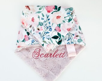 LOVEY - Hallie - Baby girl double minky blanket peach pink white blue boho floral flowers personalized embroidered monogram