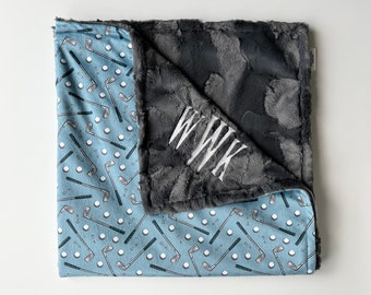 LAST ONE - LOVEY - Golfing Buddy - Baby boy lovey security minky blanket blue black white gray modern golfing Tiger Woods personalized