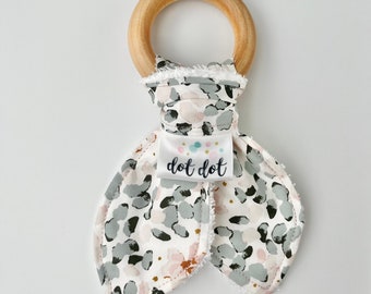Petals - Baby Girl Teething Ring Toy - minky Terry Cloth Washable Maple Wood Wooden Teether pink blush mustard white daisy dreams boho