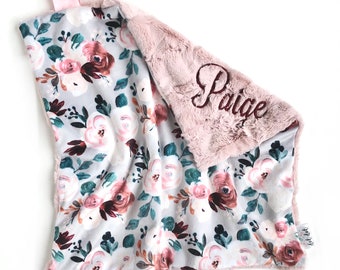 LOVEY - Charlotte - Baby girl security minky blanket white blush pink gold maroon gray watercolor flowers personalized embroidered