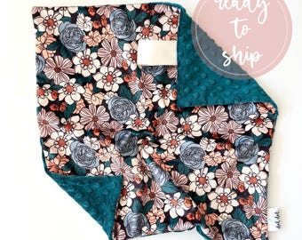 Ready to ship - LOVEY - Esme Floral - Personalized baby girl security minky blanket blush rust pink teal Daisy retro modern daisies flowers