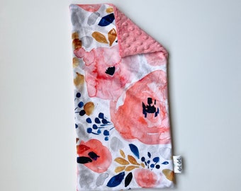 BURP CLOTH - Baby girl minky burp rag - coral, navy, gold, gray, white watercolor flowers floral