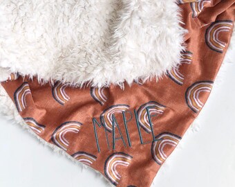 LOVEY - Rust Rainbows - Baby boy girl unisex neutral security minky blanket mustard white modern woodland boho personalized