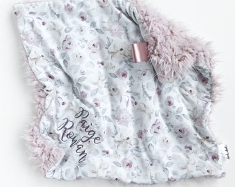 2 LEFT - Elle - Baby girl minky blanket blush pink white gray mauve purple ivory vintage floral flowers personalized embroidered