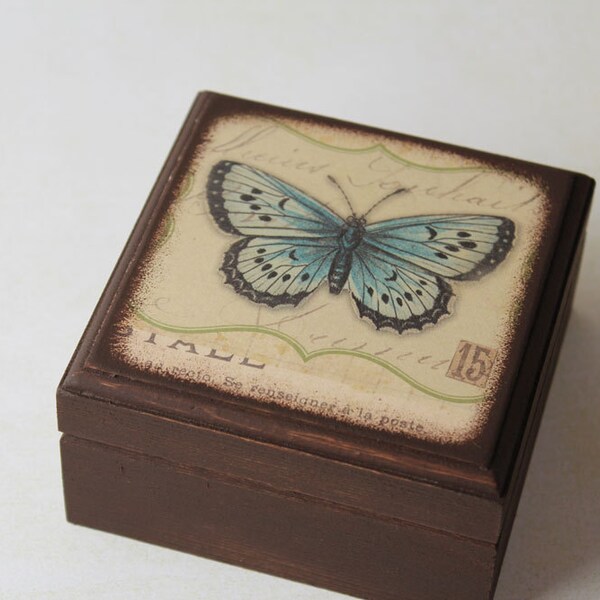 Botanical Blue Butterfly - Square Wood Box