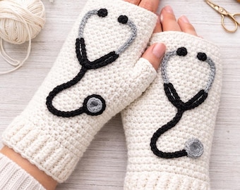 Stethoscope Crochet Mittens Pattern – Medical Fingerless Gloves (PDF)