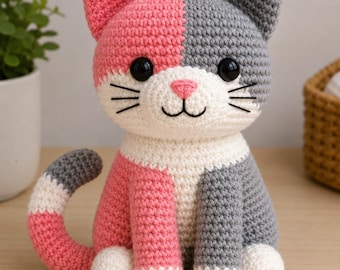 Crochet Cat Pattern PDF, Pink Grey Amigurumi Split Color Kitty Toy