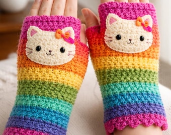 Rainbow Cat Mitts Crochet Pattern | Kawaii Fingerless Gloves (Digital Download)