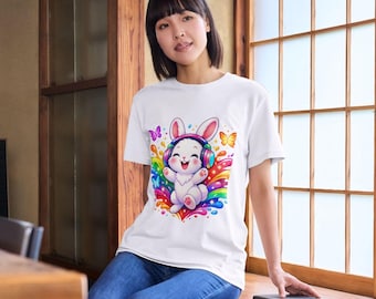 Rainbow Bunny PNG with Headphones SV/G Kawaii Sublimation Clipart Digital Download