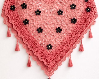 Heart Crochet Shawl Pattern – Blossom Lace Wrap with 3D Flowers (PDF Pattern )