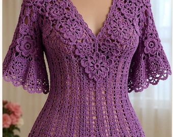 Purple Crochet Top Pattern PDF, V Neck Floral Lace Blouse, Bell Sleeve Design (Digital Download)