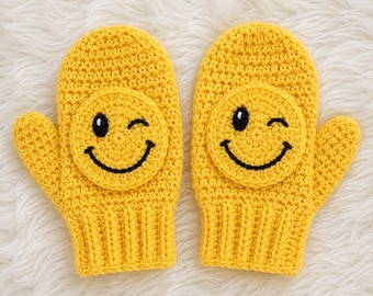 Crochet Smiley Face Mitten Pattern, Winking Applique, Child Adult Sizes (PDF Download)
