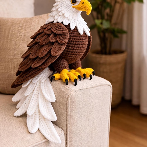 Padrão de crochê realista de águia-careca – escultura de vida selvagem de 35 cm (download em PDF)