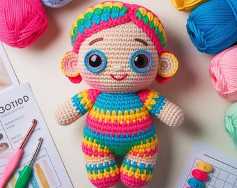 Rainbow Baby Doll Crochet Pattern, Neon Amigurumi, Scalloped Hair (PDF Pattern)