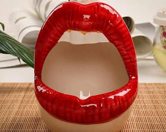Cenicero de labios de cerámica, jardinera de labios de cerámica, cenicero de labios grandes con dientes de conejo, jardinera de suculentas con labios rojos, cenicero de boca abierta, jardinera de cactus.