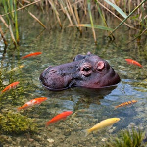 May include: A close-up of a hippopotamus head emerging from clear water, surrounded by several orange, yellow, and white koi fish. Reeds and green plants are visible in the background, creating a natural pond setting.