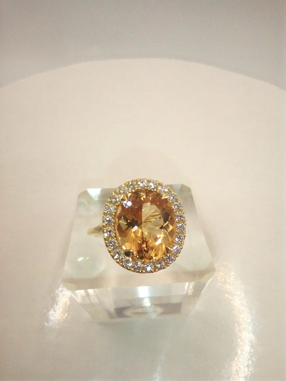 18k Gold Imperial Topaz Ring, Diamond Halo