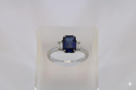 ALGT Certified 1.61ct Midnight Sapphire Ring, 18k White Gold Emerald Cut, Diamond Baguettes