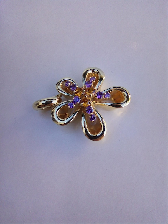18K Yellow Gold Amethyst Citrine Floral Pendant, Statement Jewelry Charm