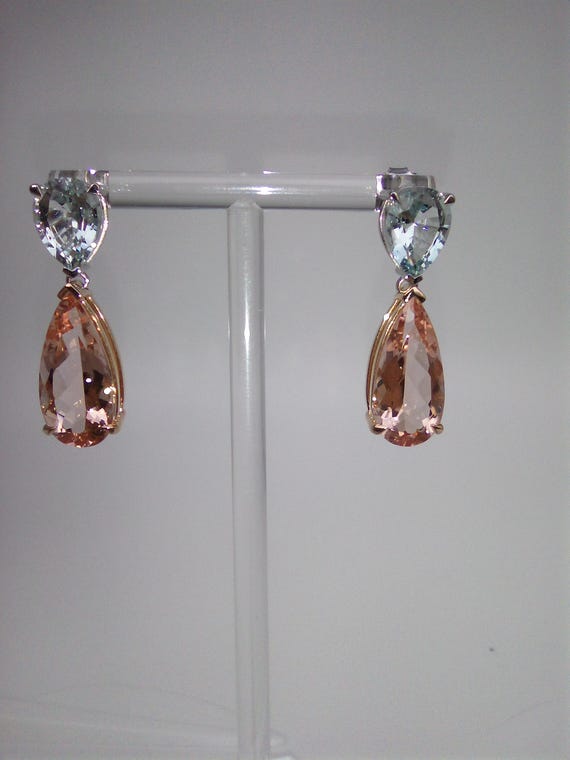 Morganite & Aquamarine Drops in 18k Gold, Peach Beryl Bridal Adornment Pair of earrings