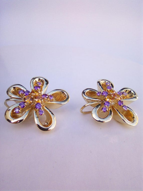 18K Yellow Gold Flower Stud Earrings with gemstones Purple Amethyst & Yellow Citrine