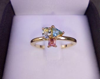 18Kイエローゴールド マルチジェムストーンリング、アクアマリン、トパーズ、トルマリン、ミニマルな重ね付け可能