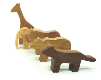 Wooden Toy Set, Zoo Animals Set, Wild Animal Toys, elephant, giraffe, rhino, tiger, bear