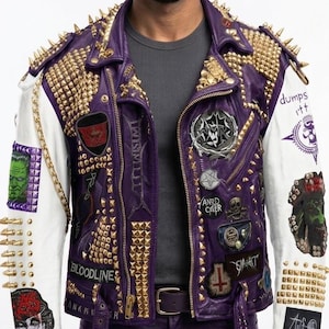 Gothic Skull Art Graffiti Patchwork Two Tone Biker's Metal Spikes Studded Gothic Leather Jacket