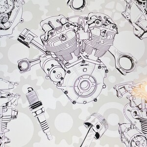 May include: A detailed black and white illustration of motorcycle engine components. The image features a central engine block, pistons, spark plugs, and other mechanical parts, all rendered in a technical drawing style. The background is a light gray with gear and circle patterns.