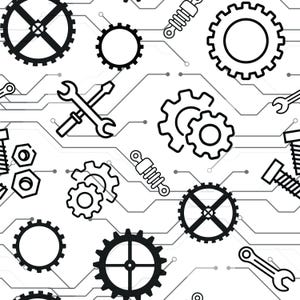 Puede incluir: Un patrón repetitivo de elementos mecánicos en blanco y negro. El diseño incluye engranajes, llaves, tornillos y amortiguadores, todos conectados por una red de líneas similar a una placa de circuito, creando un tema técnico o industrial.