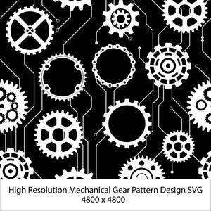 May include: Black and white mechanical gear pattern design. The image features various gear shapes and sizes, connected by white lines against a black background. The text at the bottom reads "High Resolution Mechanical Gear Pattern Design SVG 4800 x 4800".