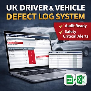 May include: A laptop displaying a vehicle defect log system with the text "UK DRIVER & VEHICLE DEFECT LOG SYSTEM." The screen shows data tables and the words "Audit Ready" and "Safety Critical Alerts."