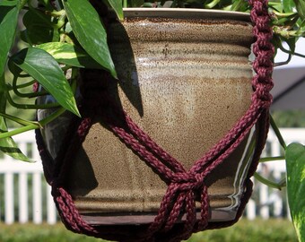 CLASSIC - BURGUNDY Macrame Plant Hanger with Wood Beads - 6mm Braided Poly Cord