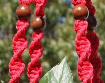 HELIX - RED Macramé Plant Hanger with Wood Beads - 6mm Braided Poly Cord