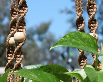 MARRAKESH - Light Brown Long Macramé Plant Hanger with Wood Beads - 4mm Cord in CINNAMON