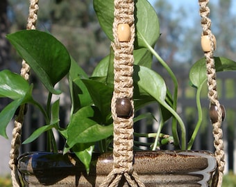 ABUNDANCE - Tan Macrame Plant Hanger with Wood Beads - 4mm Braided Poly Cord in JUTE