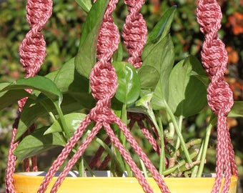 HELIX - Pink Macrame Plant Hanger with Wood Beads - 6mm Braided Poly Cord in ROSE