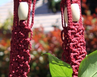 ENCHANTMENT - Crimson Macramé Plant Hanger with Wood Beads - 4mm Braided Poly Cord in WINE